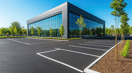 Spacious parking lot outside a modern commercial building in a suburban area, reflecting convenience and accessibility.の素材