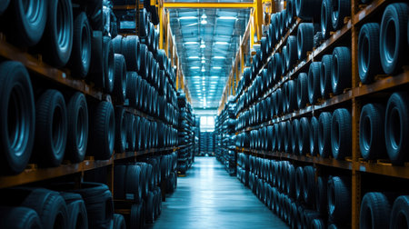 Rows of stacked car tyres along a factory storage area, showcasing the scale of production and industrial organization.の素材