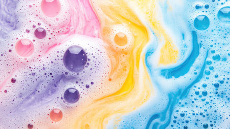 Bright and colorful soap foam with bubbles viewed from above, creating a dynamic and bubbly texture perfect for vibrant designs.の素材
