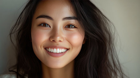 Asian woman with a warm, genuine smile, her eyes sparkling with delight, set against a neutral background, highlighting her natural beauty.の素材