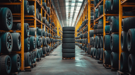 Rows of stacked car tyres along a factory storage area, showcasing the scale of production and industrial organization.の素材