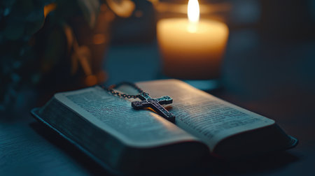 A close-up of a Bible with a cross necklace resting on it, with a candle burning softly in the background, creating a serene atmosphere.の素材