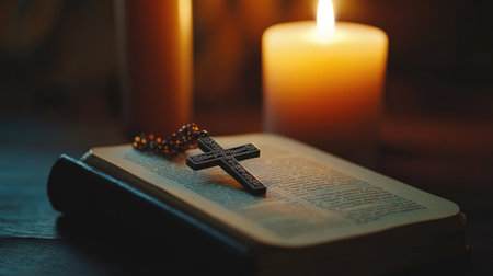 A close-up of a Bible with a cross necklace resting on it, with a candle burning softly in the background, creating a serene atmosphere.の素材
