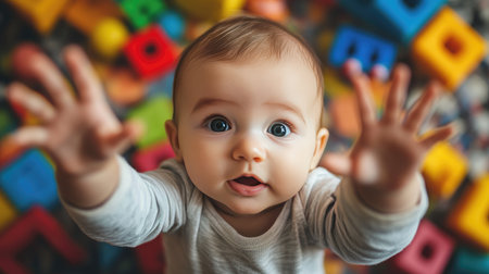 Adorable infant in a onesie reaching out, surrounded by colorful toys, depicting the wonder and exploration of early life.の素材