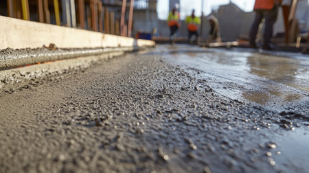 A close-up shot of the concrete leveling process on a construction site, with workers carefully adjusting and perfecting the surface.の素材