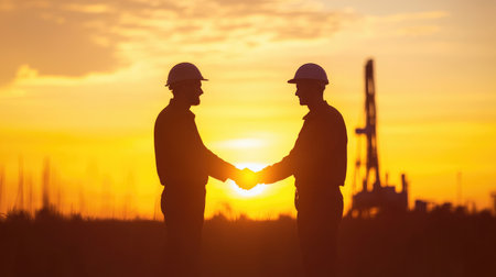Silhouette of two oil workers shaking hands in the field at sunset, symbolizing collaboration and success in the oil industry.の素材