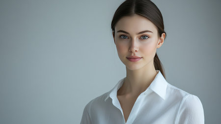 A young woman in a crisp white shirt, looking directly at the camera with a confident and serene expression, set against a simple background.の素材