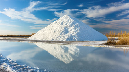 A large pile of salt in a traditional salt field, illustrating the natural harvesting process and the abundance of this essential mineral.の素材