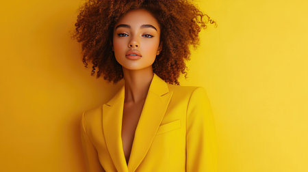 Fashion model in a chic yellow suit, standing out against a yellow background, highlighting modern style and color coordination.の素材