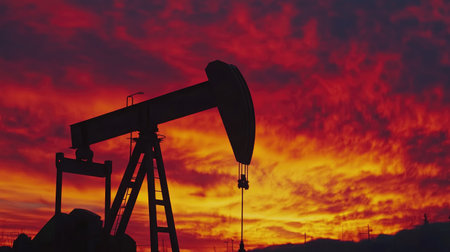 A silhouetted oil pump stands out against a fiery sunset sky, capturing the industrial scene at dusk.の素材