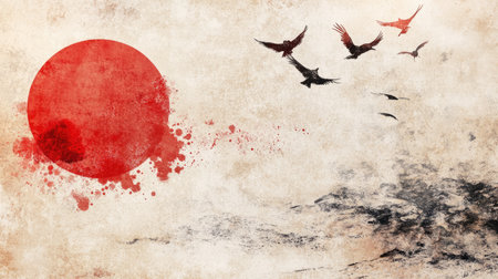 Washi paper texture with ink brush strokes and a grunge effect, creating a traditional Japanese aesthetic for New Year greetings.の素材