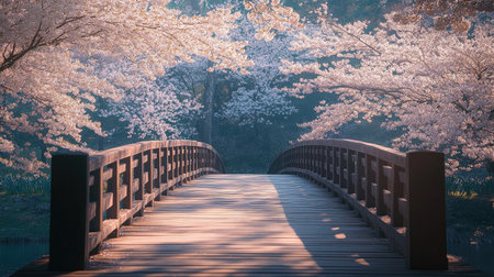 A peaceful wooden bridge under cherry blossoms in spring, capturing the beauty of nature in full bloomの素材