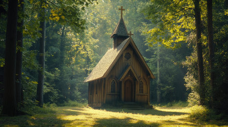 A small wooden chapel in a forest clearing, surrounded by tall trees and dappled sunlight filtering through the branches.の素材