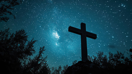 A cross silhouetted against the night sky, with stars twinkling in the background, symbolizing hope and faith in the darkness.の素材