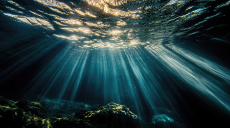 Sunlight piercing through the water, as seen from below, with beams of light creating a mesmerizing underwater glow.の素材