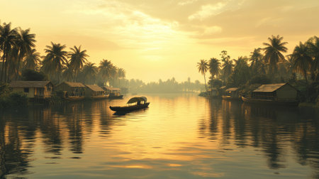 Backwaters of Kerala with Houseboats: The tranquil backwaters of Kerala with houseboats cruising through, capturing the scenic beauty and peaceful lifestyle of the region.の素材