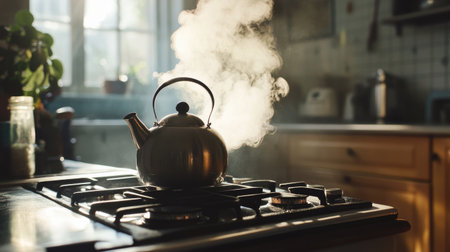 Steam billows from a kettle on a gas stove, set in a homely kitchen environment, symbolizing the simplicity of daily ritualsの素材