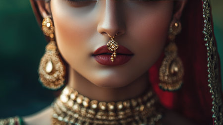 Indian Woman with Traditional Gold Jewelry: A close-up of an Indian woman's face adorned with traditional gold jewelry, including earrings, nose ring, and necklace, representing the richness of Indian fashionの素材