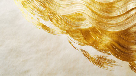 Golden brush strokes gracefully flowing across a Japanese paper background, evoking a sense of sophistication and cultural heritage.の素材