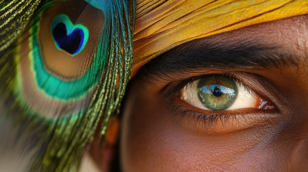 Indian Man with a Peacock Feather in His Turban: A close-up of an Indian man with a peacock feather adorning his turban, symbolizing pride and cultural richness.の素材