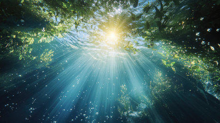 The view from beneath the water's surface, looking up at the sun as it beams through, creating a magical underwater sceneの素材