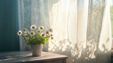 White daisies on a table by a window, sunlight creating a play of light and shadow through the semi-transparent curtainsの素材