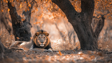 Asiatic Lion in Gir Forest: An Asiatic lion resting under a tree in Gir Forest, representing the unique wildlife species found in India.の素材