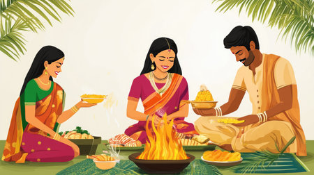 Pongal Festival Celebrations: A family celebrating Pongal with traditional rituals and food, showcasing the cultural significance of this harvest festival in South India.の素材