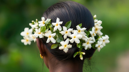 Jasmine Flowers in a Woman's Hair: A woman wearing jasmine flowers in her hair, showcasing the traditional use of these fragrant blooms in Indian adornment.の素材