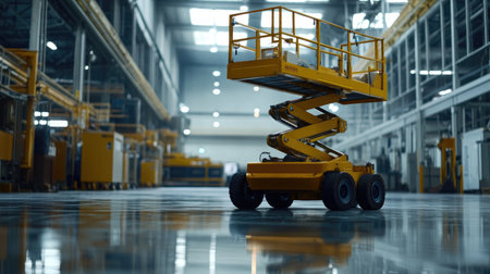 A scissor lift in a factory, resting on a polished epoxy floor, with industrial machinery in the background, emphasizing efficiency and safety.の素材