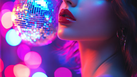 Close-up of a sexy woman, with a disco mirror ball reflecting colorful lights in the background, creating a vibrant nightclub and party atmosphere.の素材