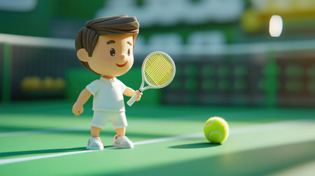 Illustration of a 3D tennis player character, with a cute and approachable design, set against a green tennis court background, symbolizing athleticism and playfulness.の素材