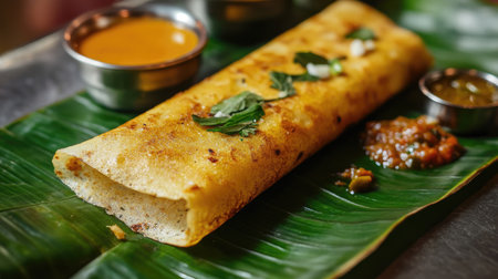 South Indian Dosa with Chutneys: Crispy dosa on a banana leaf with coconut chutney and sambar, highlighting the flavors of South Indian cuisine.の素材