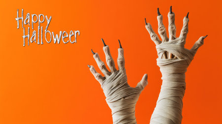 Hands wrapped in mummy-style bandages, reaching out against a vivid orange background, with "Happy Halloween" text in creepy font.の素材