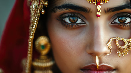 Indian Woman with Traditional Gold Jewelry: A close-up of an Indian woman's face adorned with traditional gold jewelry, including earrings, nose ring, and necklace, representing the richness of Indian fashionの素材