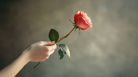 Elegant female hand holding a rose flower, with the focus on the detailed texture of the petals and stem, creating a romantic and serene sceneの素材