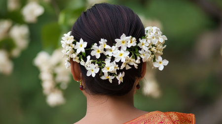 Jasmine Flowers in a Woman's Hair: A woman wearing jasmine flowers in her hair, showcasing the traditional use of these fragrant blooms in Indian adornment.の素材