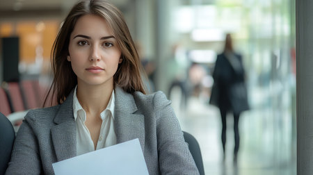 A professional businesswoman, dressed smartly, sitting in a waiting room with a confident expression, holding her resume, ready for a job interview.の素材
