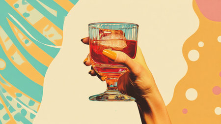 A vintage retro female hand holding a cocktail glass, set against a plain background, with 1960s and 70s style elements like colorful patterns and bold designs.の素材