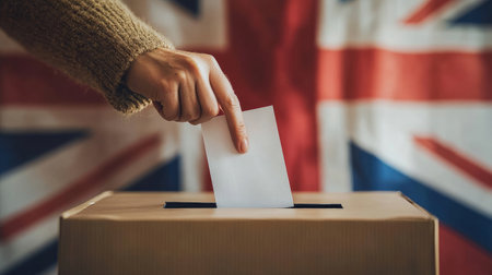 A person inserting a vote into a ballot box, with the Union Jack flag prominently displayed in the background, symbolizing the democratic process in the UK.の素材