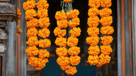 Marigold Garland at a Temple: A garland of bright orange marigolds hanging at the entrance of a temple, representing the significance of this flower in Indian rituals.の素材