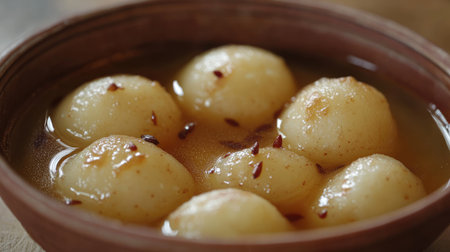 Rasgulla and Gulab Jamun Dessert: A close-up of rasgulla and gulab jamun served in a bowl of syrup, showing the sweetness of Indian desserts.の素材
