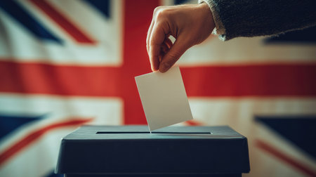 Close-up of a hand casting a ballot into a box, with the British flag as a backdrop, representing the importance of voting in UK elections.の素材