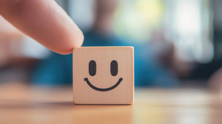 Close-up of a hand displaying a wooden block with a cheerful smiley face, representing excellent customer service and satisfactionの素材