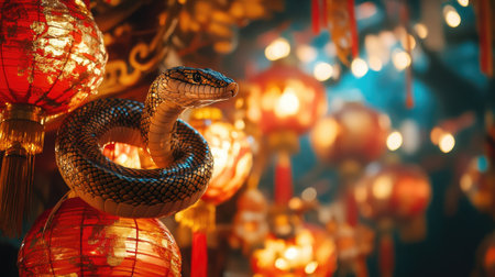 Serpent wrapped around traditional Chinese lanterns, highlighted against a backdrop of New Year decorations and symbols, representing the festive spirit.の素材