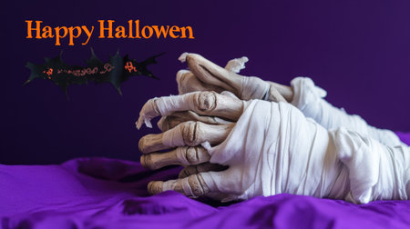 Mummified hands wrapped in white bandages on a purple backdrop, with a "Happy Halloween" banner in black and orange colors.の素材