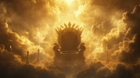 A majestic throne bathed in golden light, surrounded by ethereal clouds, creating a divine and powerful atmosphere.の素材