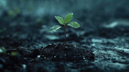 A tiny tree sprouts new leaves, standing strong amidst the remnants of a storm, symbolizing community resilience and renewal.の素材