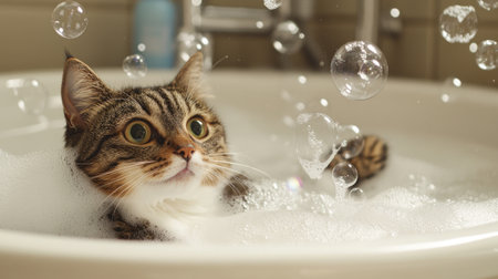 A delightful scene of a cat in a bathtub, having fun chasing and popping soap bubbles during bath time.の素材
