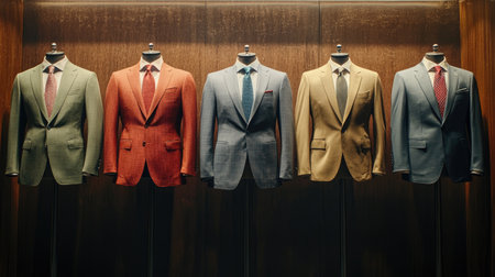 A collection of business suits on mannequins, featuring various cuts and colors for the modern professional.の素材